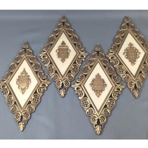 Vintage Burwood Products Gold Heraldic Crest Wall Plaques Set of 4 Diamond 13x8